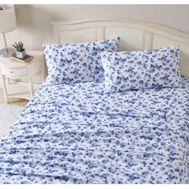 Laura Ashley - Full Sheet Set, Cotton Flannel Bedding, Brushed for Extra Softness & Comfort (Emelisa Blue, Full)