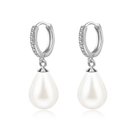 Candyfancy 925 Sterling Silver Pearl Dangle Earrings,Hypoallergenic Teardrop Round Pearl Hoop Earrings,Earring with Sparkly AAA+ Cubic Zirconia,Jewellery Gifts for Ladies Girls