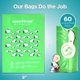 The Original Poop Bags USDA Biobased Pet Waste Bags - Peanuts Characters - Durable, Leak Resistant, 60 Count, BLK/GREEN