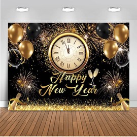 Mocsicka Happy New Year 2025 Backdrop Golden Black New Year Banner Background Clock Champagne Party Background for New Year's Eve Photo Studio Backdrop Props (7x5ft)