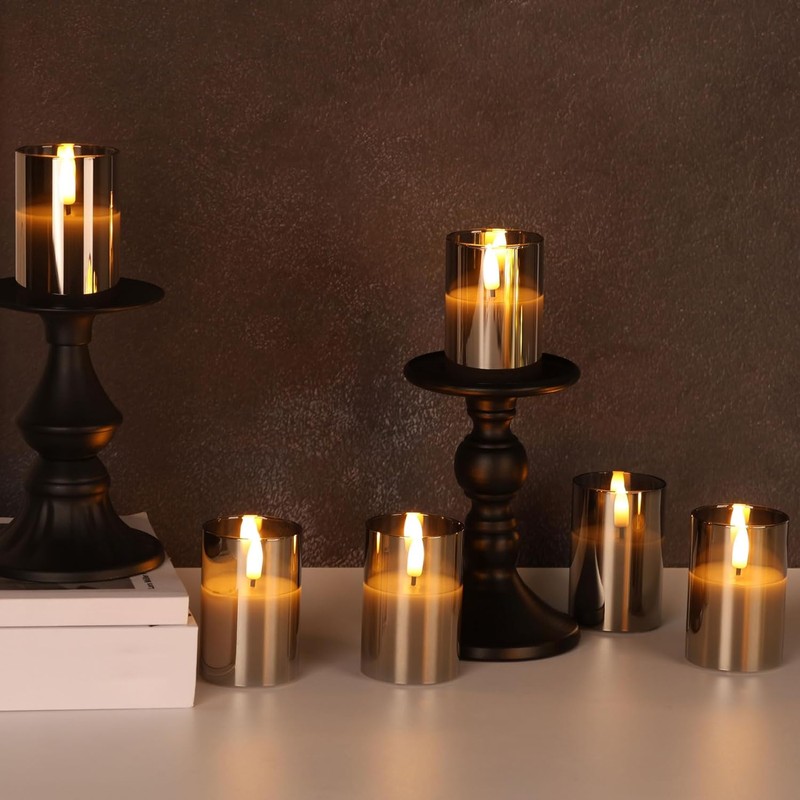 Grey Glass Flameless Votive Candles with Remote Timer, Real Wax
