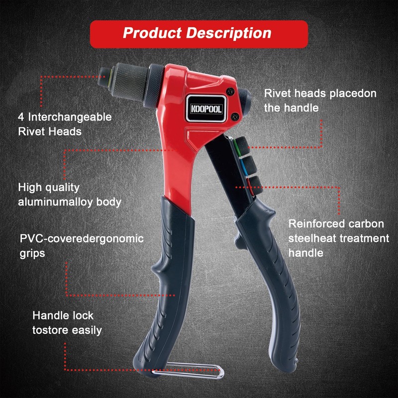 KOOPOOL Rivet Gun Kit, Manual Pop Rivet Tool with 200