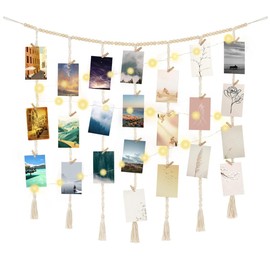 MDKFKDK Macrame Hanging Photo Display with String Lights,Boho Wall Decor Picture Card Frame Holder with 45 Clips for Teen Room, Beach Room Decor, Hanging Photo Display with Clips
