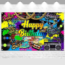 Avezano Hip Hop Birthday Party Backdrop Throwback Retro Music Bday Banner Decor Graffiti 80's 90's Birthday Party Background (70.8x43.3inch)