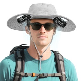 AMACOOL 2-in-1 Hands-Free Hat Fan with Detachable Neck Fan, UPF 50+ Wide Brim Sun Hat, 3-Speed Adjustable, 2600mAh Rechargeable Fishing Essentials for Men Women Camping Travel Delivery Outdoor-Grey