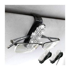 Moly Magnolia 2 PCS Glasses Holders for Car Sun Visor, Fashion Bling Crystal Rhinestones Car Eyeglasses Sunglasses Hanger Mount with Ticket Card Clip for Women Girls (Silver)