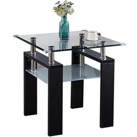 Goderfuu Black End Table Small End Table with Wooden and Chrome Metal Pedestal,Tempered Glass Square End Table, Luxury Glass End Table Nightstand Modern Side Table for Living Room Bedroom
