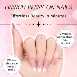 Ladiery French Tip Press on Nails Short Almond, Pink Reusable lightweight Fake Nails with Glue Tool Kit for Weddings Festival Vacation Gift 24PCS