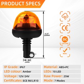 Qiping LED Beacon, 12 V/24 V Car Warning Light, Orange Beacon, 7 Modes, E-Mark, with Button to Switch Modes, Warning Light for Tractor, Car, Truck