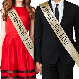 Lyrow 2 pcs "Homecoming King" and "Homecoming Queen" Sashes School Party Prom Sashes Accessories Printed Belts for Dance Party Wedding Bridal Shower Supplies(Gold)