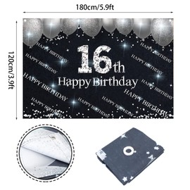 Silver and Black Happy 16th Birthday Backdrop Banner Decorations for Girls Boys 16 Years Old Bday Background Photography Party Decor Sign Supplies