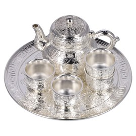 Silver Retro Teapot Set, Exquisitely Carved Coffee Pot Set Beautiful Tea Set with Tea Tray for Coffee, Tea, Wine, Tea Table Decor, Gift
