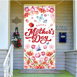 LOONELO Happy Mother's Day Door Cover; Mother's Day Backdrop 70.8"X35.4", Mothers Day Banner Door Decorations Background Porch Sign for Outdoor Indoor Home Yard Decorations (White)