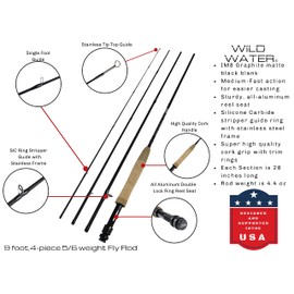 Wild Water Deluxe Fly Fishing Combo Starter Kit, 5 or 6 Weight 9 Foot Fly Rod, 4-Piece Graphite Rod with Cork Handle, Accessories, Die Cast Aluminum Reel, Carrying Case, Fly Box Case & Fishing Flies