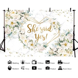 MEHOFOND 8x6ft She Siad Yes Floral Backdrop for Bridal Shower Marble White Flowers Bride to Be Photography Background Hearts Geometric Couple Wedding Party Decorations Engagement Banner Props