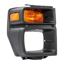 HECASA Right Headlight Bezel w/Turn Signal Light Compatible with 2008-2019 Ford E150/E250/E350 Super Duty Headlamp Cover Door Bezel Trim Yellow Lens Black Bezel Passenger Side