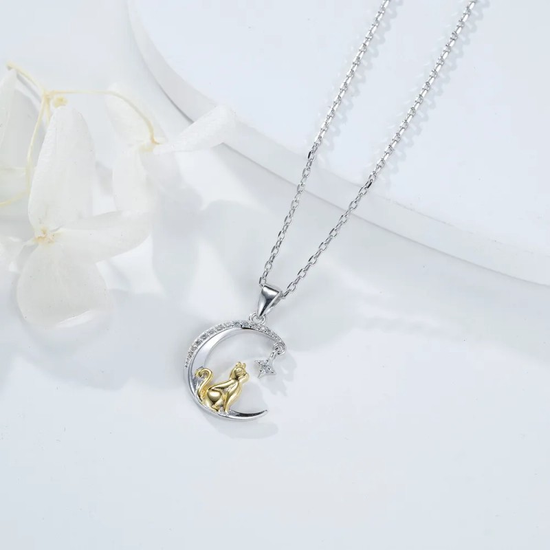 Collar Con Dije De Plata 925 Gato Luna Para Mujer