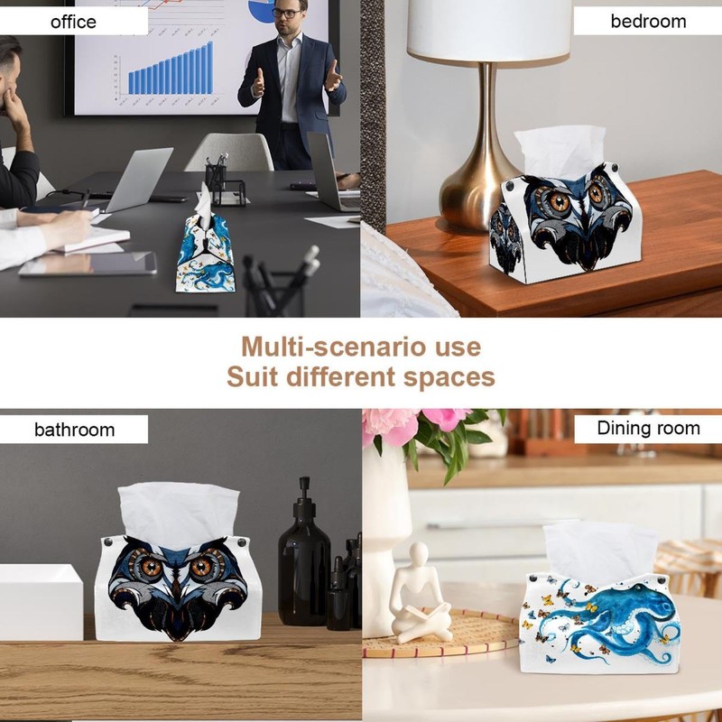 2 Pack Tissue Box Cover Holder, Blue Owl Head Rectangle