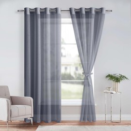 DWCN Dark Grey Sheer Curtains with Tiebacks Semi Transparent Voile Grommet Curtains Elegant Window Curtains for Bedroom and Living Room,2 Panels,W52 x L96