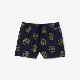 Lacoste Men's Plaid Swim Short W/Adjustable Waist, Navy Blue/Gold, S