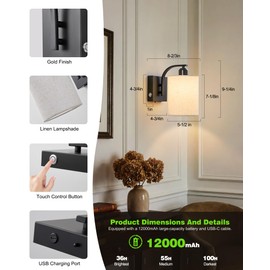 Powfloven Rechargeable Wall Sconces Set of 2, 12000mAh Black Dimmable Wireless Battery Operated LED Wall Lights with Remote, Cordless Wall Lighting Lamp Fixture for Bedroom Living Room