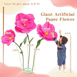 5.9 Ft Large Paper Artificial Flowers,Giant Flowers for Decoration,Standing Huge Handcrafted Poppy Flowers for Garden,Hotel,Office,Photography Props,Wedding,Art Gallery,Shop Window Display(Rose)