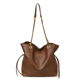 CORIOS Drawstring Bucket Bag for Women PU Leather Handbag Waterproof Shoulder Bag Large Top-Handle Bag Fashion Tote with Chain Leather Strap for Office Work Travel Daily Use Brown