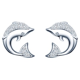 MicLee Woman's Earrings Studs, 925 Sterling silver earrings, Cute dolphin earrings studs, Inlaid zircon, animal earrings for girl, unique and elegant, silver