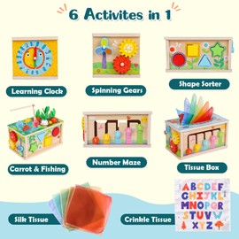 LZDMY Baby Sensory Toys for 1 year old, Montessori Toys 6-12 Months, 6 in 1 Wooden Activity Cube Tissue Box Toy, Toddlers Educational Sorting Toys 1 2 3 Year Olds Boys Girls, Baby Gifts