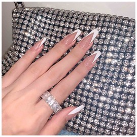 Yheakne False Nails V Shape Long Coffin French Ballerina Nails Ombre Gradient False Nails Clip on Full Cover for Women Girls 24 Pieces (White Tips)