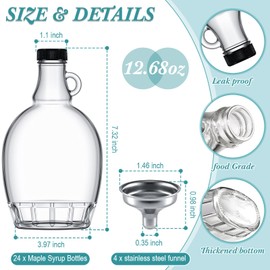 Hoolerry 24 Pack Glass Maple Syrup Bottles with 4 Stainless Steel Funnels, Clear Glass Bottle with Loop Handle Glass Containers for Liquids Maple Syrup Jars with Lids (12.68 OZ)
