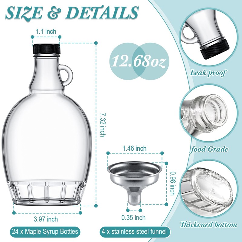 Hoolerry 24 Pack Glass Maple Syrup Bottles with 4 Stainless