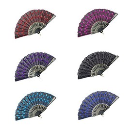 INNOLIFE Elegant Colorful Embroidered Flower Peacock Pattern Sequin Fabric Folding Handheld Hand Fan Hand-Crafted (Full Set - 6pcs Mixed Colors)