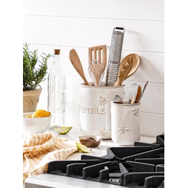 LE TAUCI Utensil Holder, 6.9"+5.3" Ceramic Kitchen Utensil Holder for Counter top, Embossed Cooking Utensil Organizer for Spatula & Spoon, Kitchen Decor, Set of 2, Arctic White, Bee Pattern