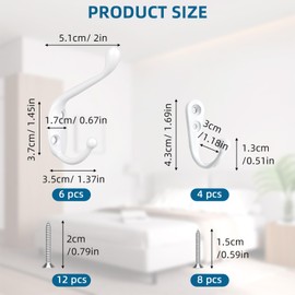JRJRN 10Pcs Prong Wall Mounted Hooks Set, 10 White Double Door Hooks with Screws, Single Metal Hook Cloth Hanger in Different Types, Vintage Hooks for Coats, Door Hooks for Hanging Key, Coat, Hat