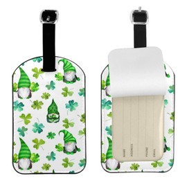 UESEU St Patrick Day Luggage Tag for Suitcases,Gnomes and Lucky Clover Leaves Green PU Leather Baggage Tags Bag Tags Travel Id Label for Luggage Women Men -1 Piece