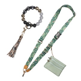 Vintage Floral Cell Phone Lanyard with Wallet, Phone Lanyard Adjustable Crossbody, Detachable Black Silicone Bead Keychain, Dark Green