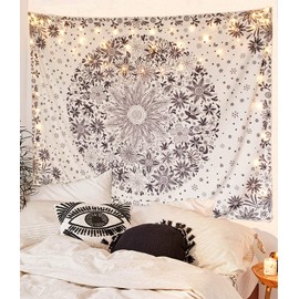 Neasow Bohemian Tapestry Wall Hanging, Beige White Floral Tapestry with Dotted Daisy Medallion Print Bedroom Boho Hippie Home Decor (Beige, 130 x 150 cm)
