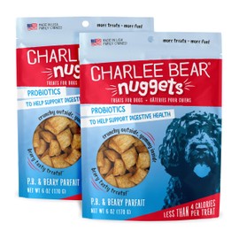Charlee Bear Nuggets to Support Dogs Digestive Health, PB & Beary with Probiotics, Crunchy Outside and Creamy Inside, Real Peanut Butter, Strawberries, Blueberries, 6oz Bags (2), Made USA
