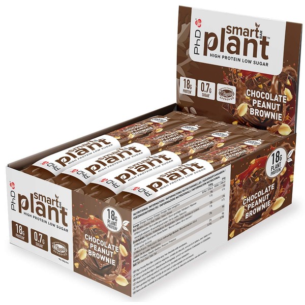 PhD Smart Plant Hight Protein Bar Low Sugar, Vegan Protein Bars/Protein Snacks, Chocolate Peanut Brownie Flavour, 18g of Plant Protein, 64g Bar (12 Pack)