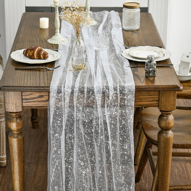 Artoid Mode White Silver Gauze Table Runner 70x300 cm, Glitter