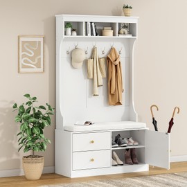 Soohow Hall Tree with Bench and Shoe Storage, Mud Room Bench with Storage and Seating, Hall Tree with Shoe Storage with 7 Hooks, 6-in-1 Farmhouse Hall Tree with Bench for Entryway, 70.9", White