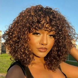 Twigoal Curly Wig Human Hair 1B/30 with Bangs Glueless Short Kinky Curly Wigs Human Hair Ombre Brown Afro Curly Wigs for Black Women Colored Curly Wig None Lace Front Jerry Curly Wig
