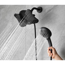 GRICH 1.8 GPM Shower Heads with Handheld Spray Combo: High Pressure Rain Shower Heads with Built-in Power Wash, 9 Mode Adjustable Dual Rainfall Showerhead with Anti-Clog Nozzles and Hose, Black