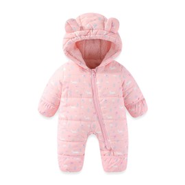 JiAmy Baby Toddler Snowsuit Winter Romper Suit, Baby Boys Girls Bear Hooded Footed Romper Snow suits Cartoon Zipper Jumpsuit Winter Outfits Clothes Pink 12-18 Months