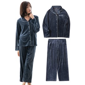Duerfusa Women's Velour Pajamas, Top and Bottom, Spring, Smooth, Loungewear, Loungewear, Long Sleeve, Open Front, Stretch, Gift, Hospital Wear, navy