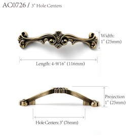 JETLAND Traditional Actique Cabinet Hardware - 6 Pack, Antique Brass, 3" Hole Centers, Vintage Pulls for Drawer Dresser Nightstand, AC0726AB076