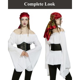 minkasic Medieval Pirate Costume Women's 4CPS Pirate Costume with Medieval Blouse Pirate Corset Headscarf Net Stockings (White, L)