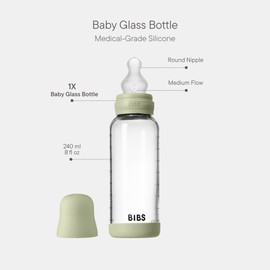 BIBS Baby Glasflasche 240ml, Vermindert Koliken, Runder Sauger aus Silikon, Unterstützt das Stillen. Hergestellt in Dänemark, Complete Set, 240ml - Sage