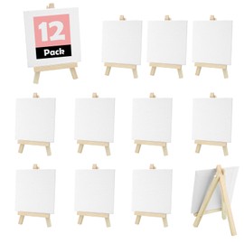 Pack of 12 Mini Canvas with Easel, SHAIDOJIO 8 x 15 cm Easel Small with 10 x 10 cm Mini Canvas, Foldable Small Table Easel Wood for Display for Photos Paintings Wedding Children Parties Phones